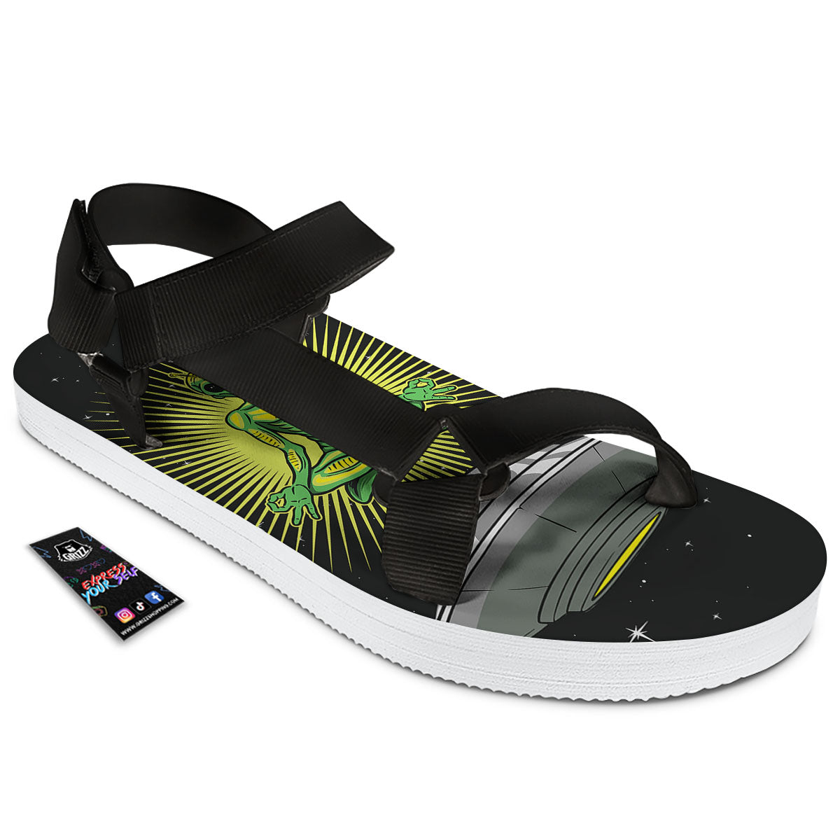 UFO Space Green Alien Print Black Open Toe Sandals-grizzshop