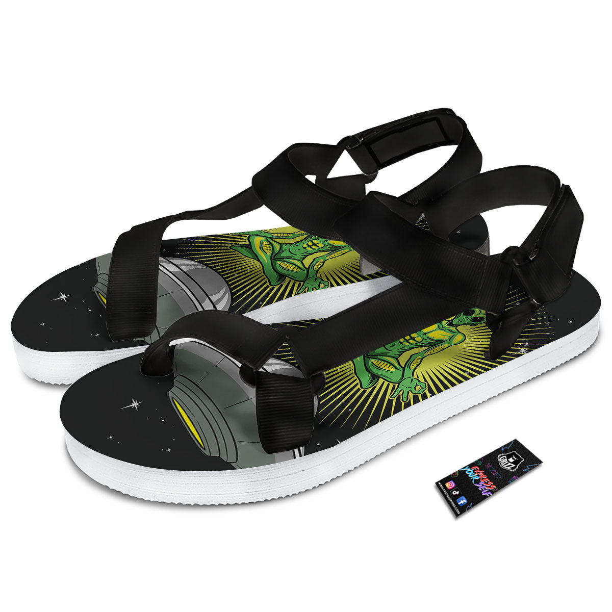 UFO Space Green Alien Print Black Open Toe Sandals-grizzshop