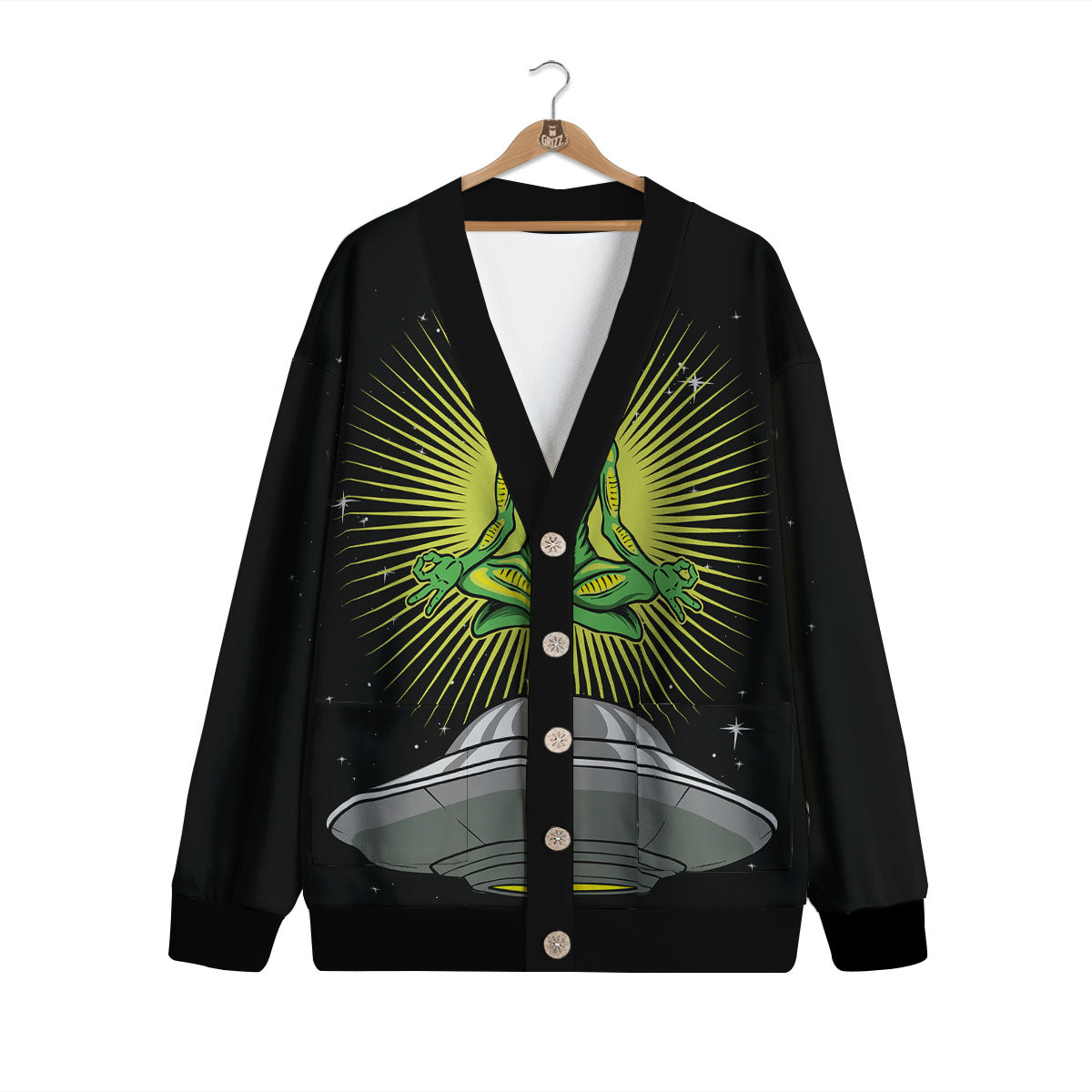 UFO Space Green Alien Print Cardigan-grizzshop