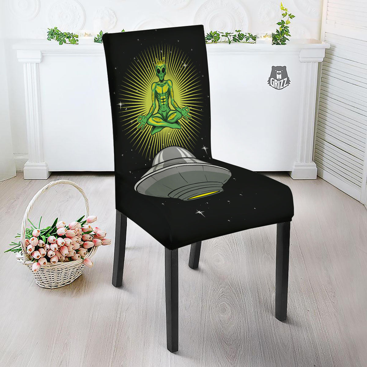 UFO Space Green Alien Print Dining Chair Slipcover-grizzshop