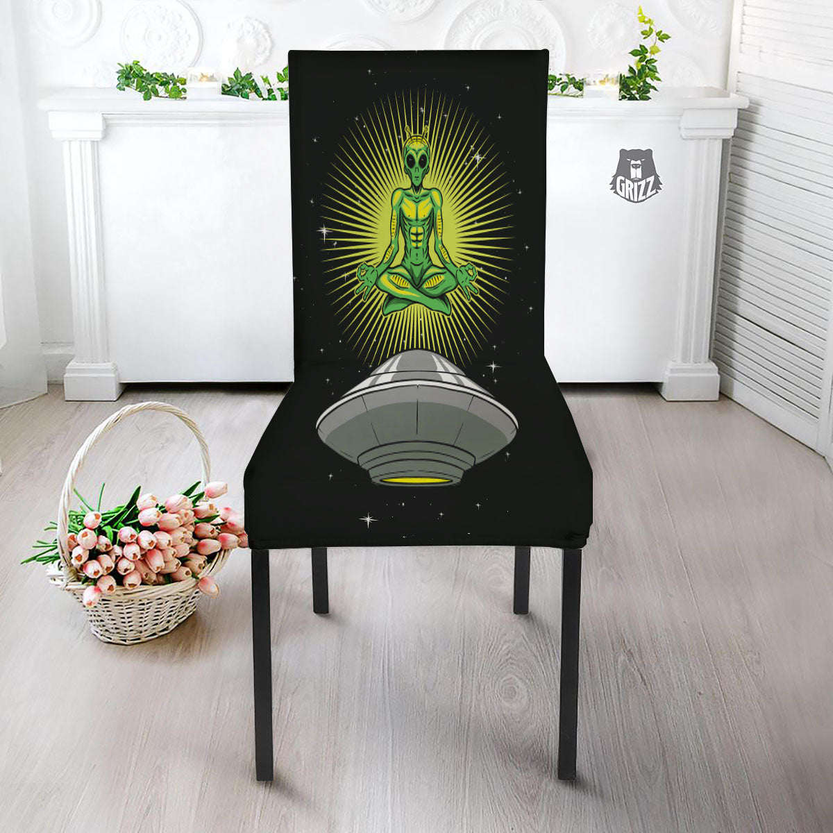 UFO Space Green Alien Print Dining Chair Slipcover-grizzshop