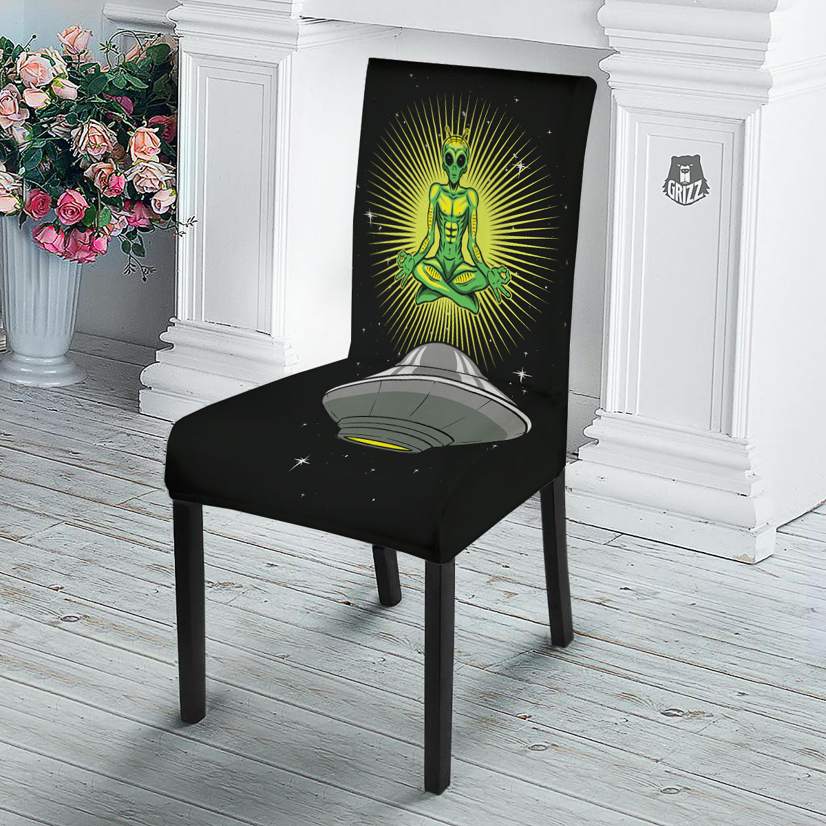 UFO Space Green Alien Print Dining Chair Slipcover-grizzshop