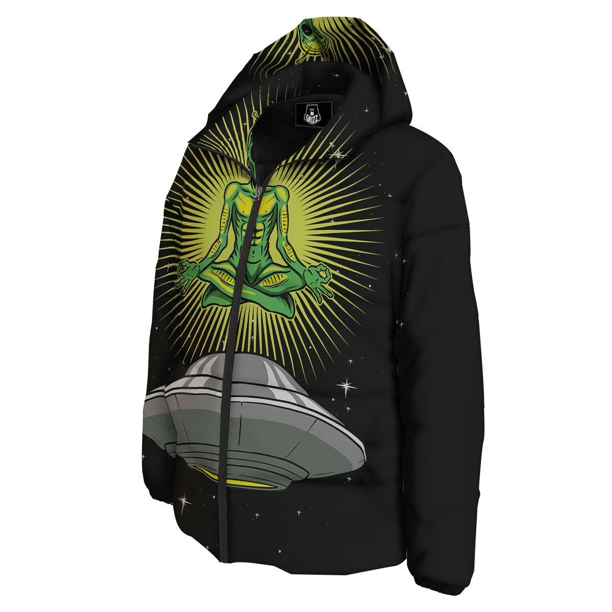 UFO Space Green Alien Print Down Jacket-grizzshop
