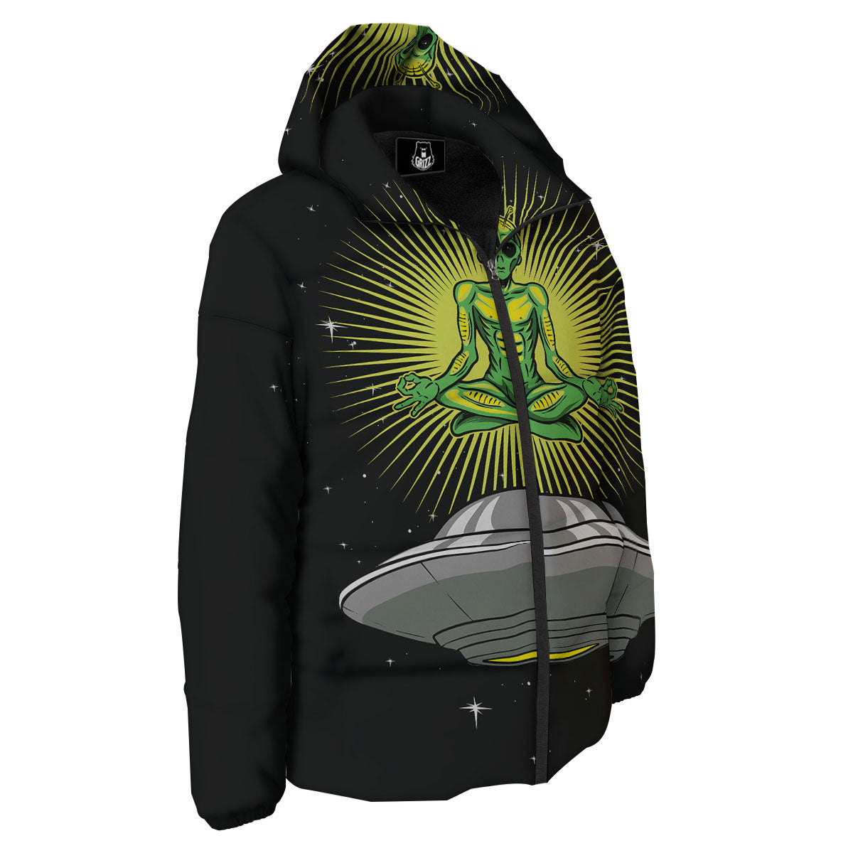 UFO Space Green Alien Print Down Jacket-grizzshop