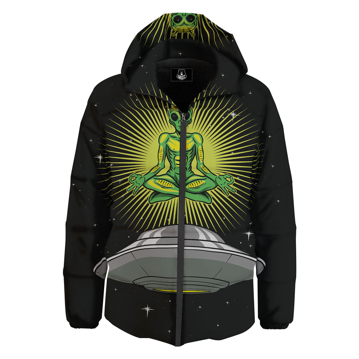 UFO Space Green Alien Print Down Jacket-grizzshop