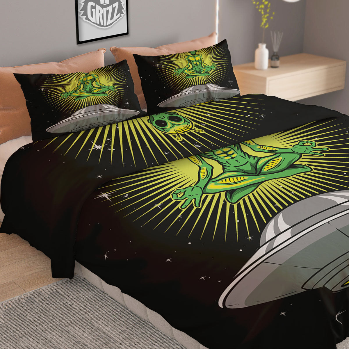 UFO Space Green Alien Print Duvet Cover Bedding Set