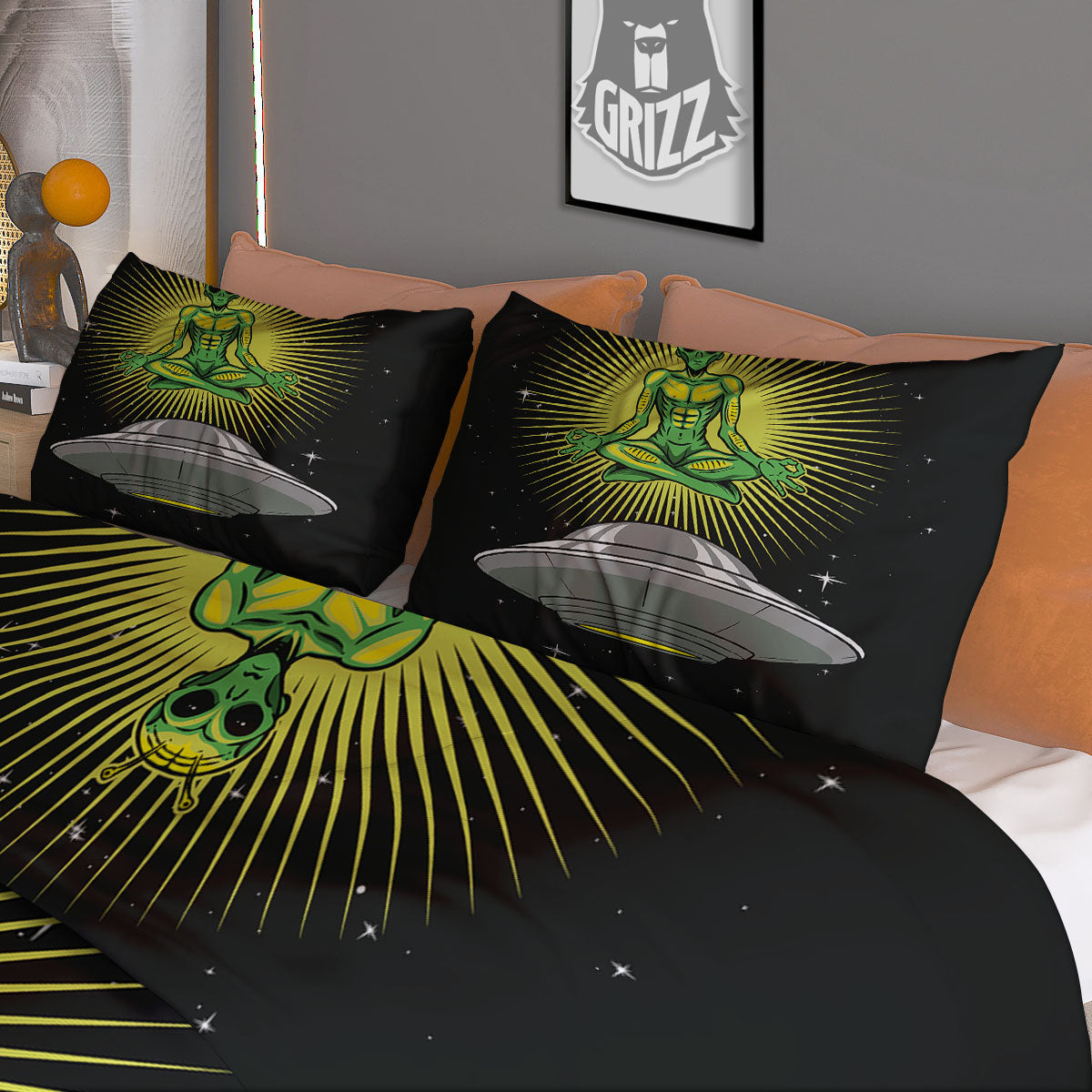 UFO Space Green Alien Print Duvet Cover Bedding Set