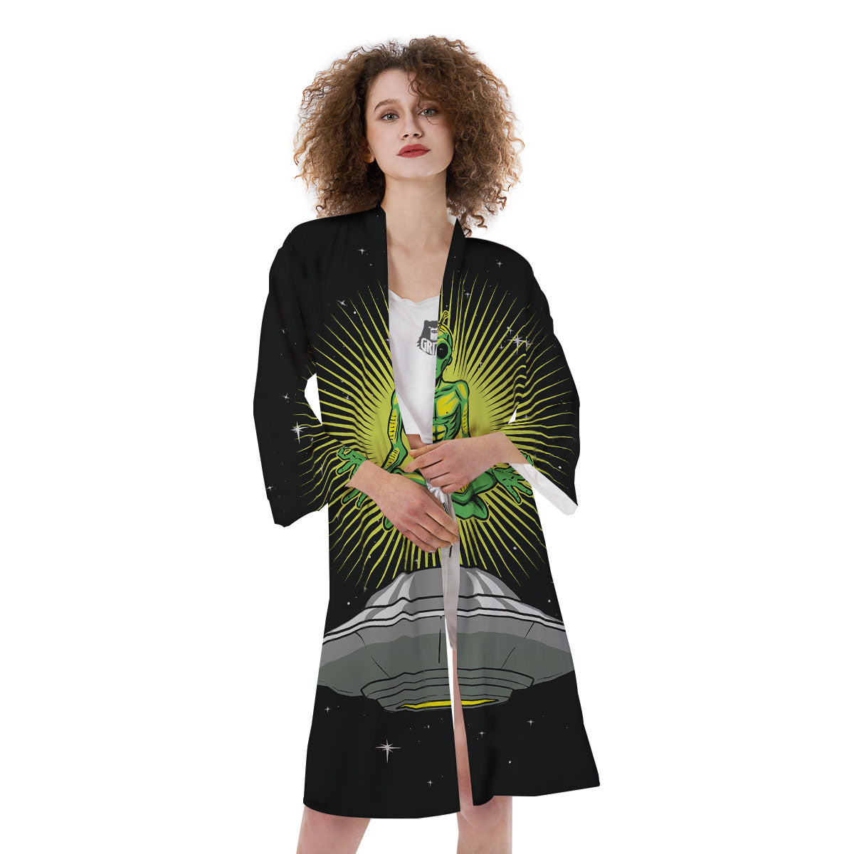 UFO Space Green Alien Print Kimono-grizzshop