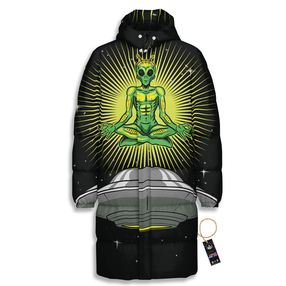 UFO Space Green Alien Print Long Down Jacket-grizzshop