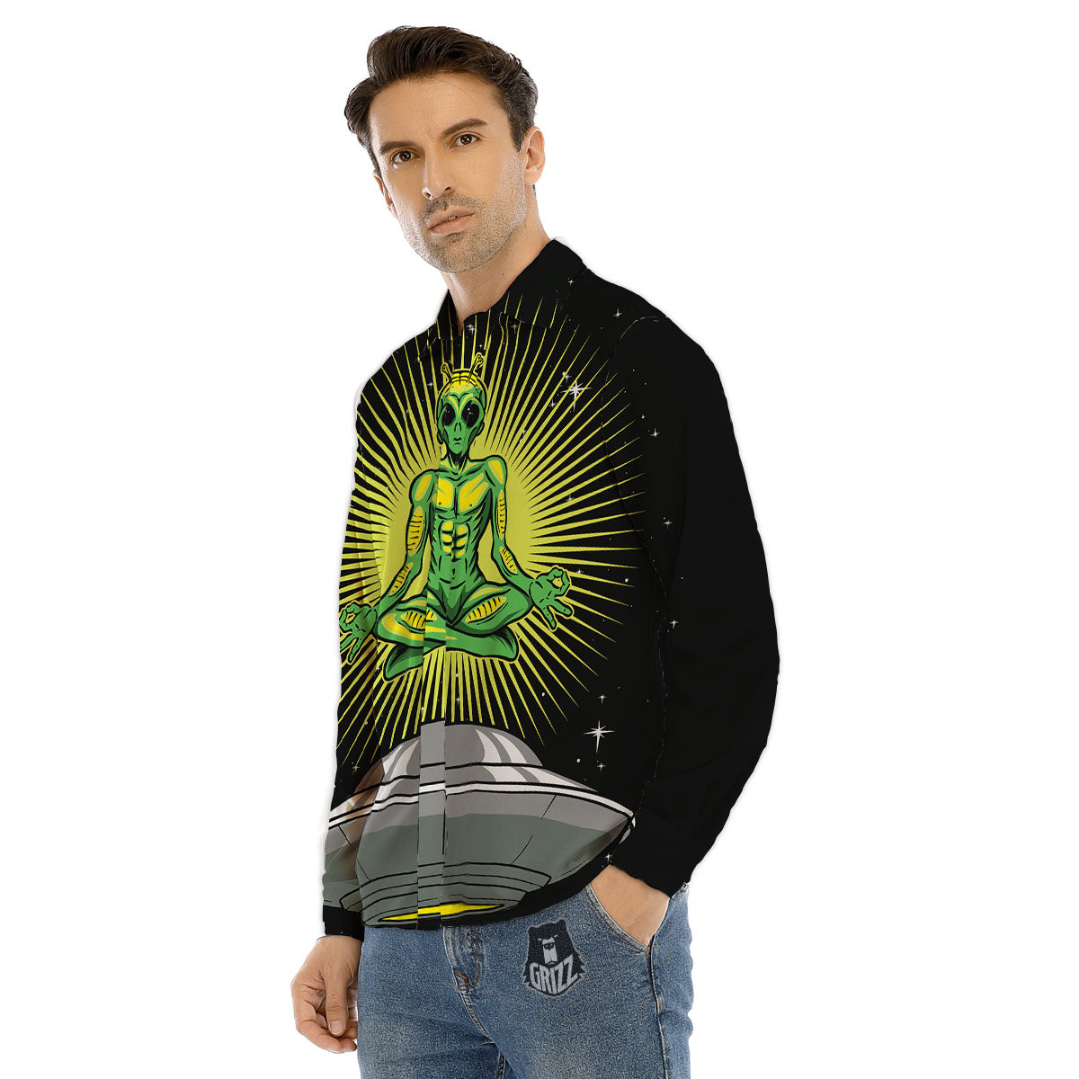 UFO Space Green Alien Print Men's Dress Shirts-grizzshop