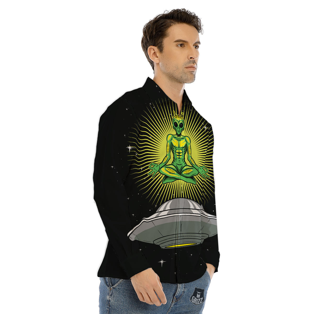 UFO Space Green Alien Print Men's Dress Shirts-grizzshop