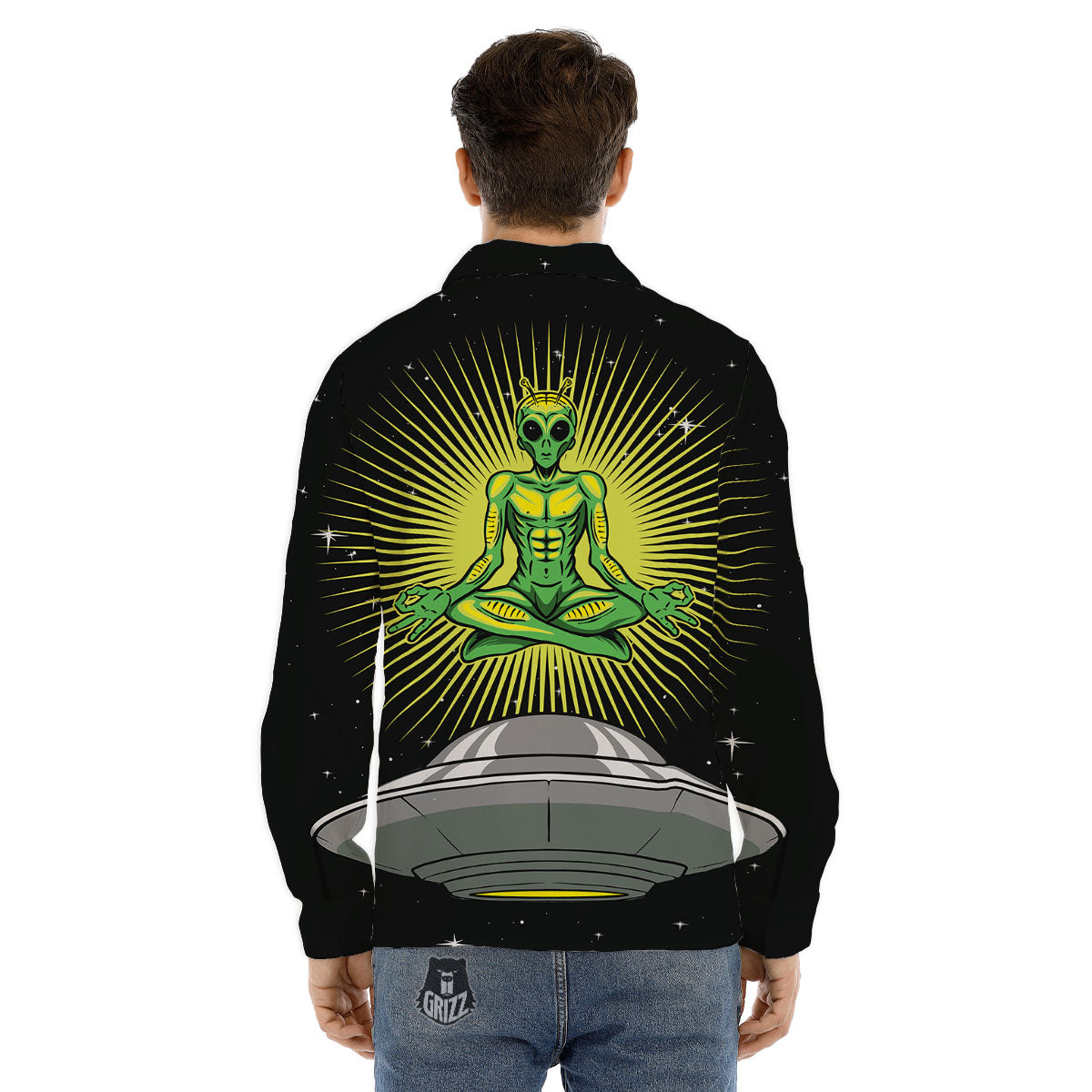 UFO Space Green Alien Print Men's Dress Shirts-grizzshop