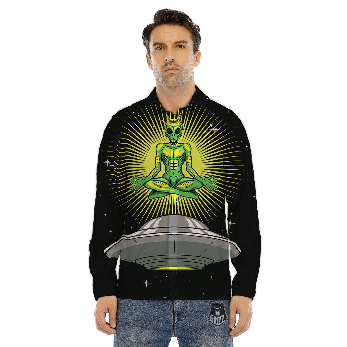 UFO Space Green Alien Print Men's Dress Shirts-grizzshop