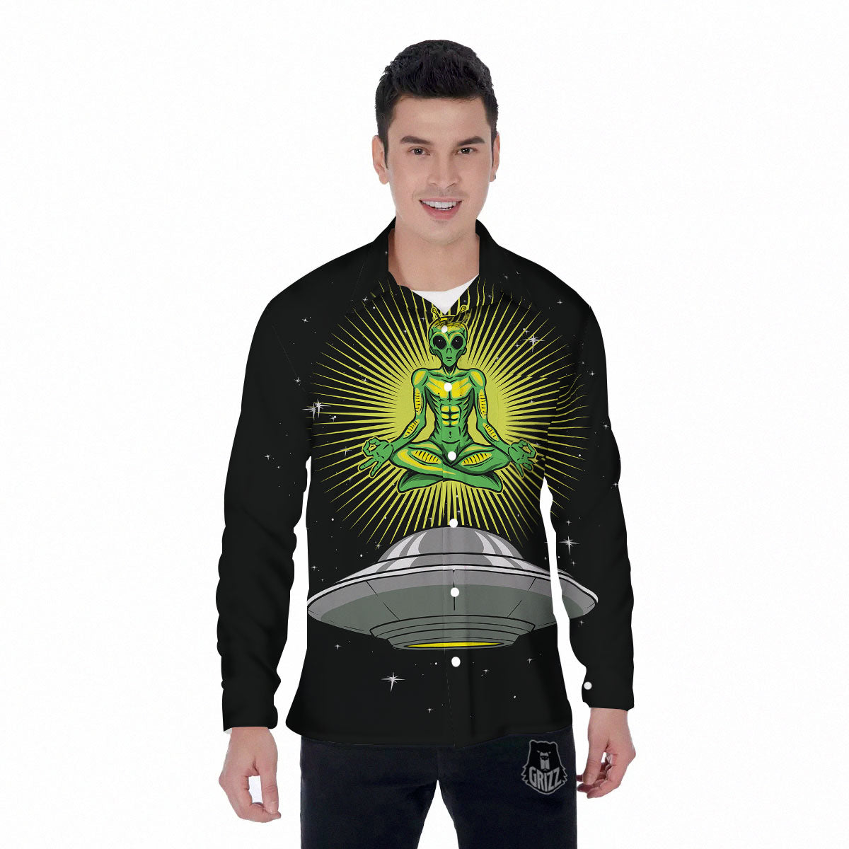 UFO Space Green Alien Print Men's Long Sleeve Shirts-grizzshop
