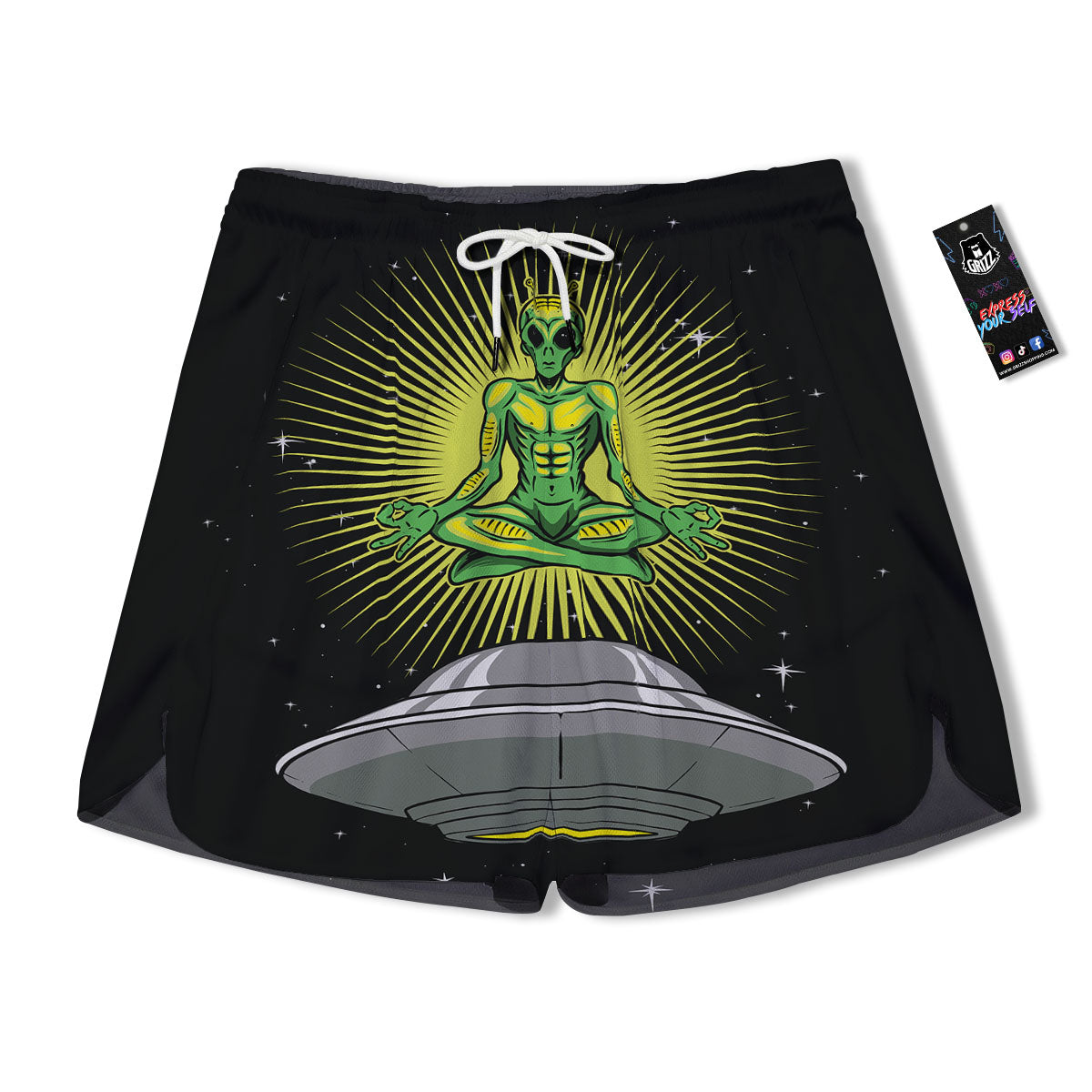 UFO Space Green Alien Print Men's Running Shorts-grizzshop