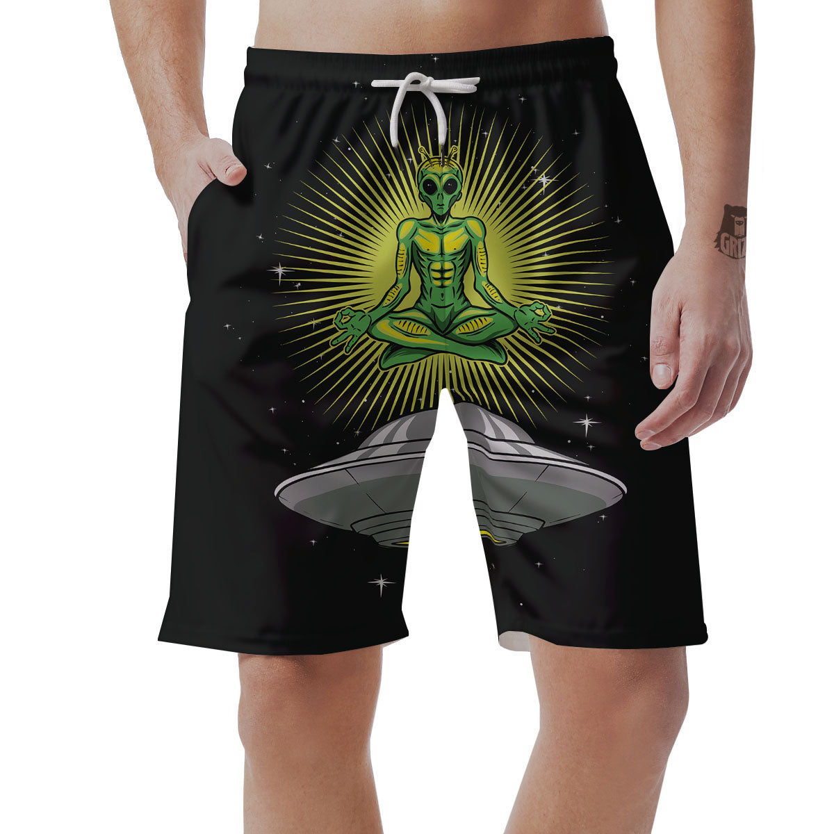 UFO Space Green Alien Print Men's Shorts-grizzshop