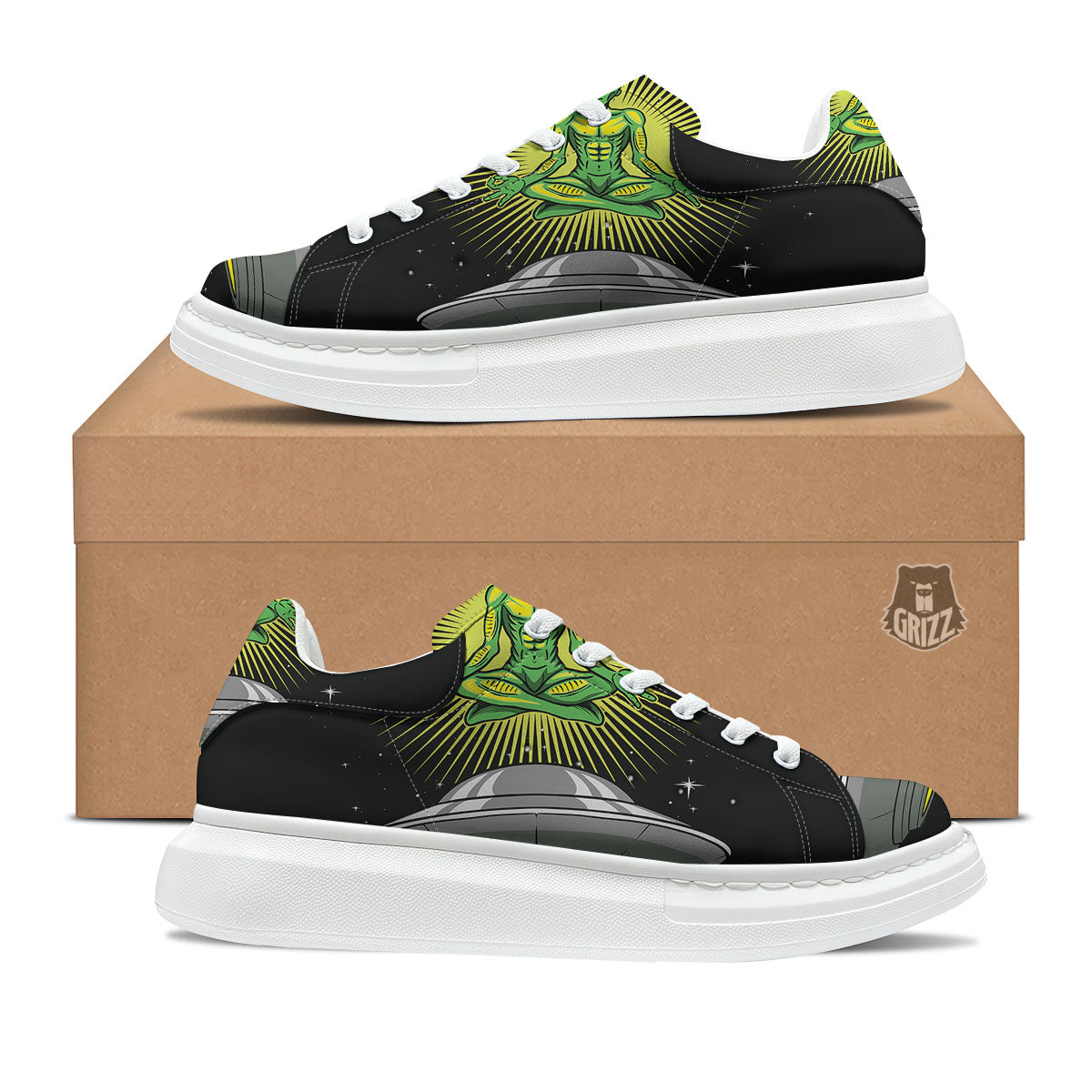 UFO Space Green Alien Print Platform Shoes-grizzshop