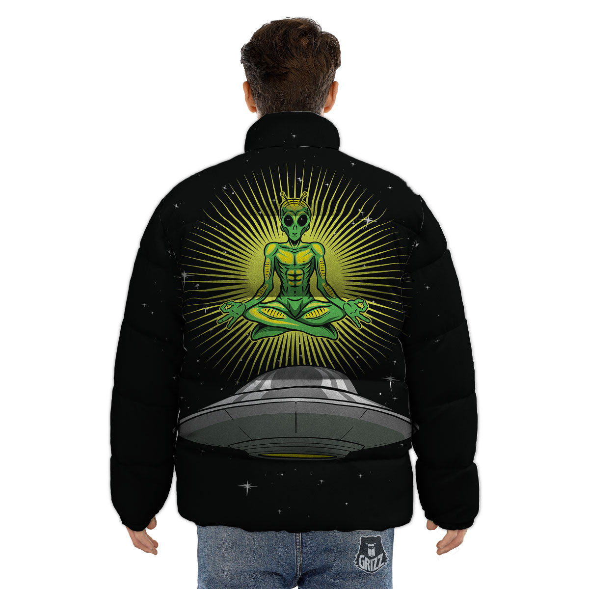 UFO Space Green Alien Print Puffer Jacket-grizzshop