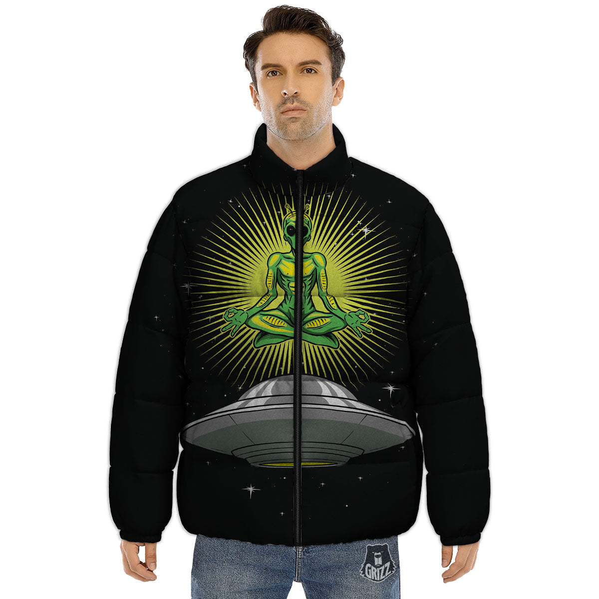 UFO Space Green Alien Print Puffer Jacket-grizzshop