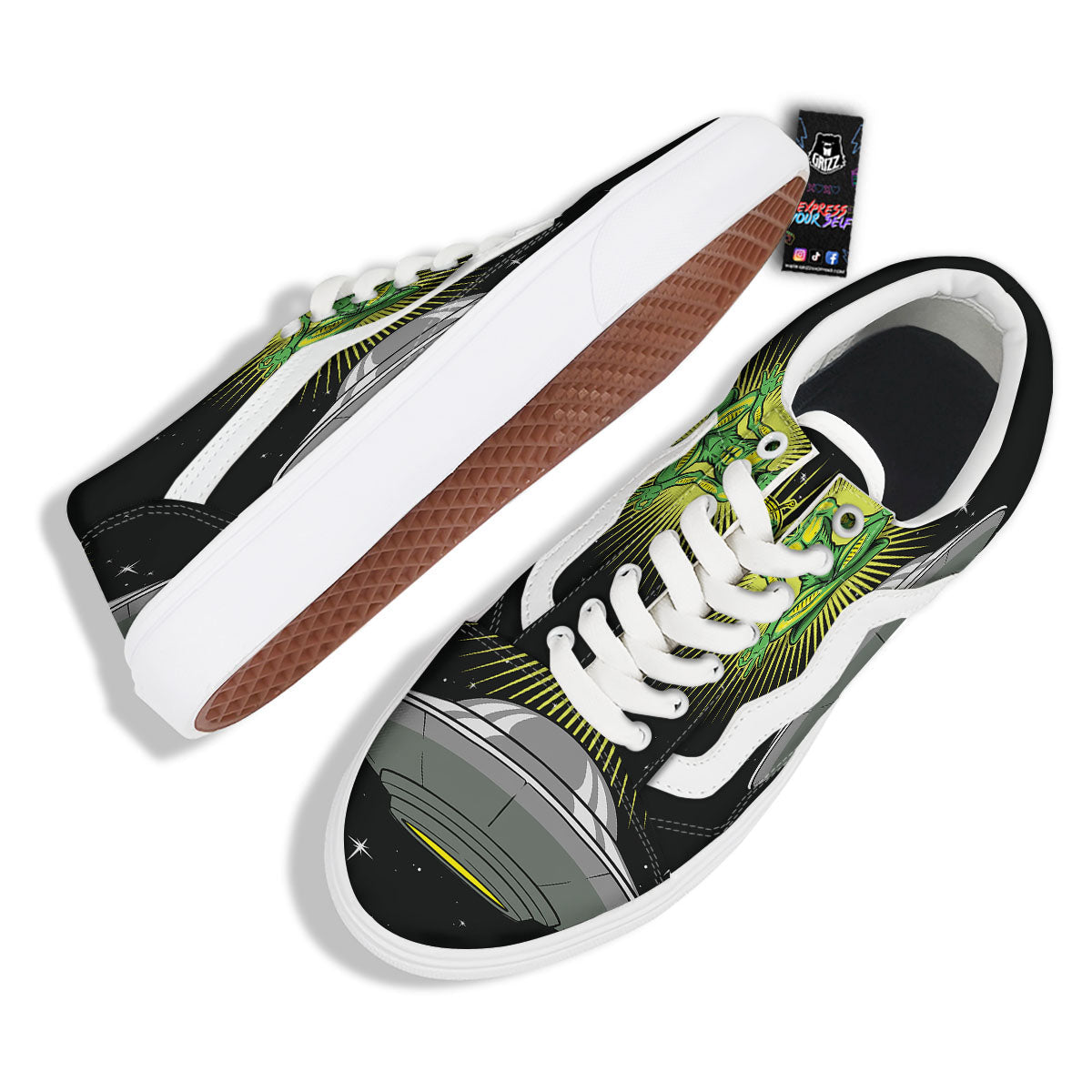 UFO Space Green Alien Print Skate Shoes-grizzshop