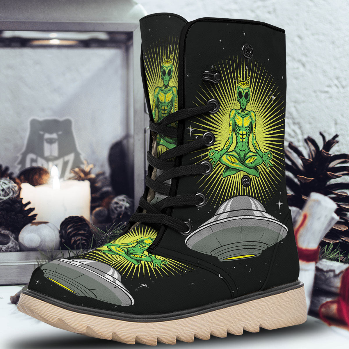 UFO Space Green Alien Print Snow Boots-grizzshop