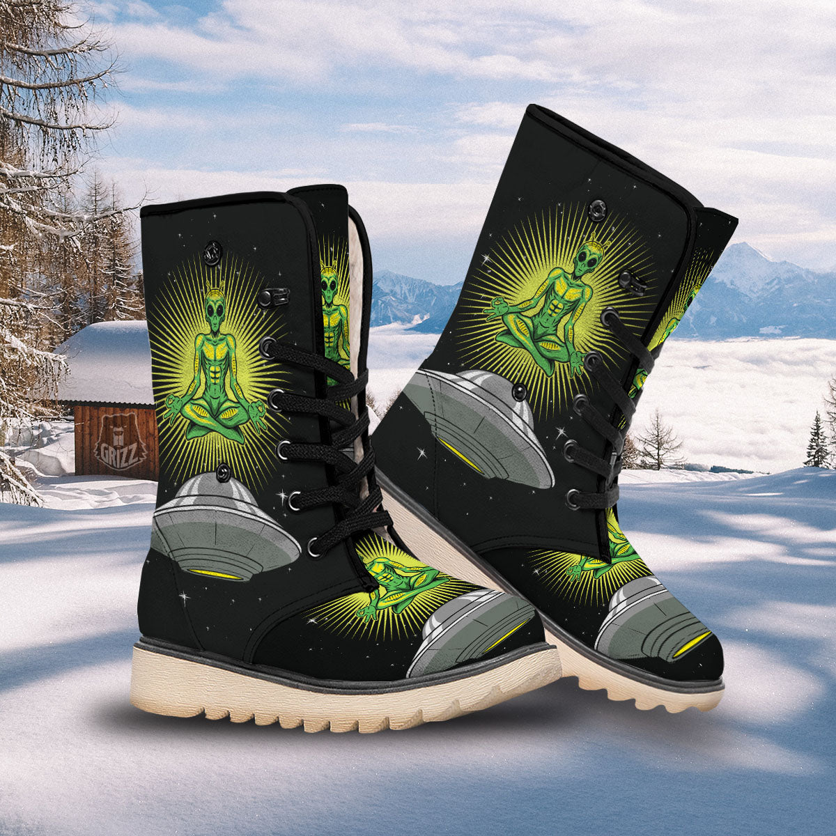 UFO Space Green Alien Print Snow Boots-grizzshop