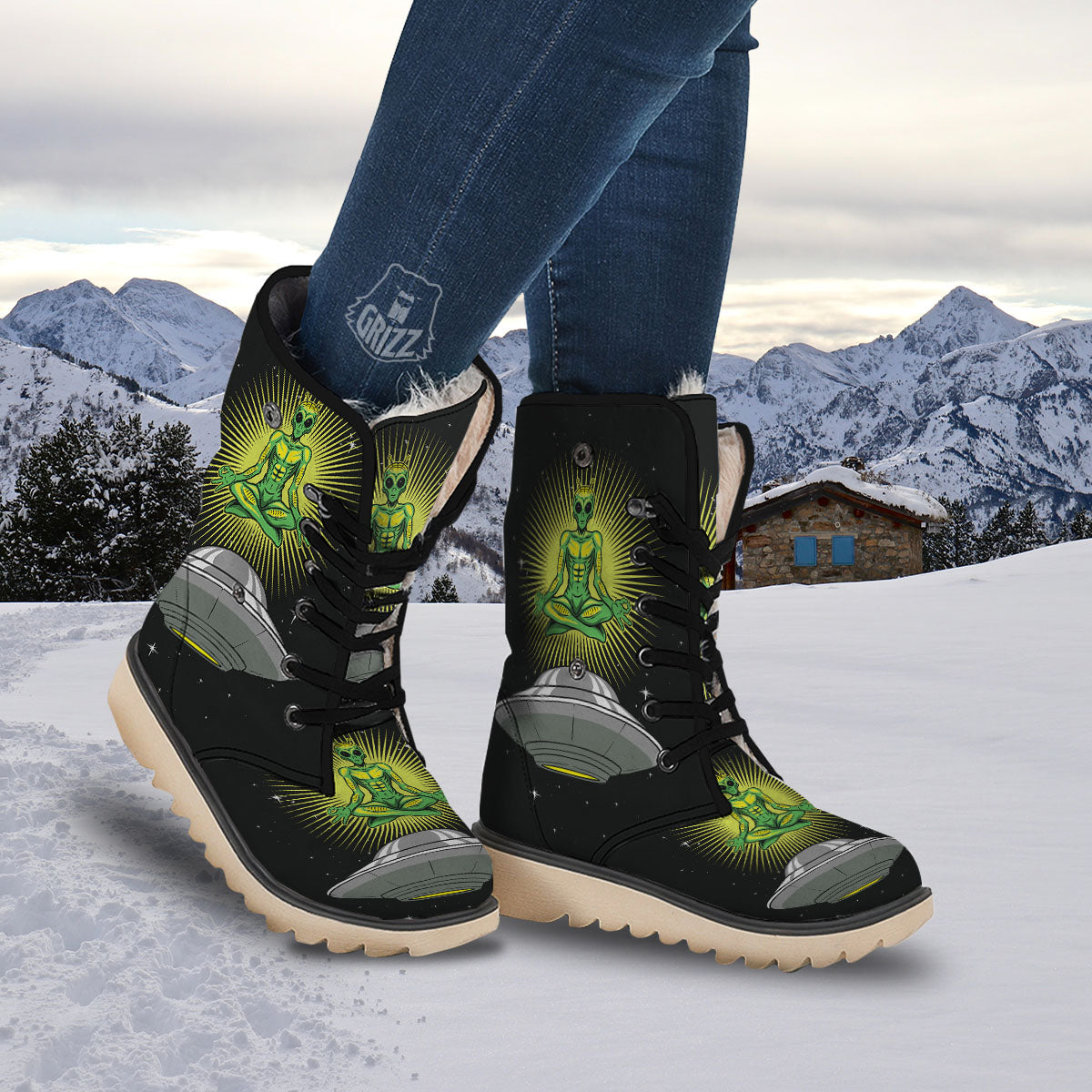 UFO Space Green Alien Print Snow Boots-grizzshop