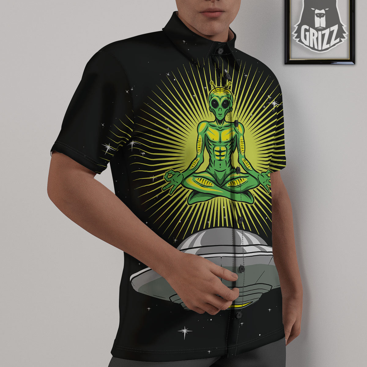 UFO Space Green Alien Print Untucked Shirts-grizzshop