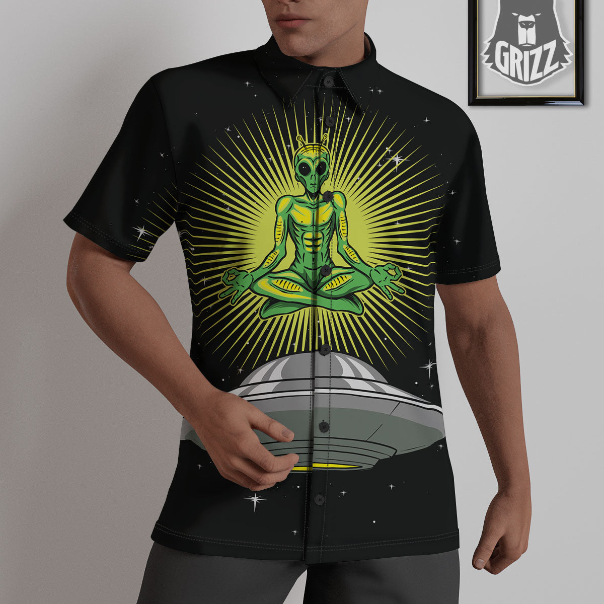 UFO Space Green Alien Print Untucked Shirts-grizzshop