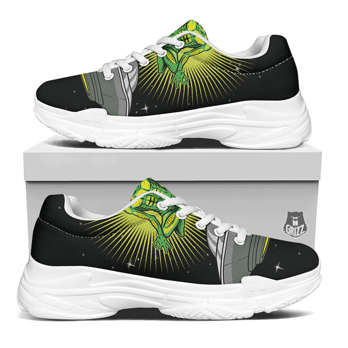 UFO Space Green Alien Print White Chunky Shoes-grizzshop