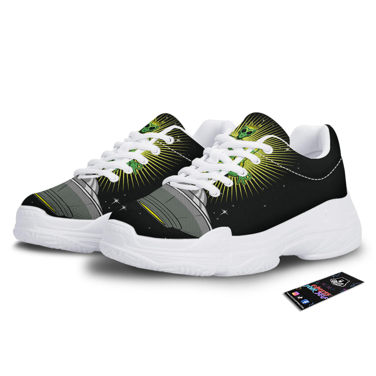 UFO Space Green Alien Print White Chunky Shoes-grizzshop