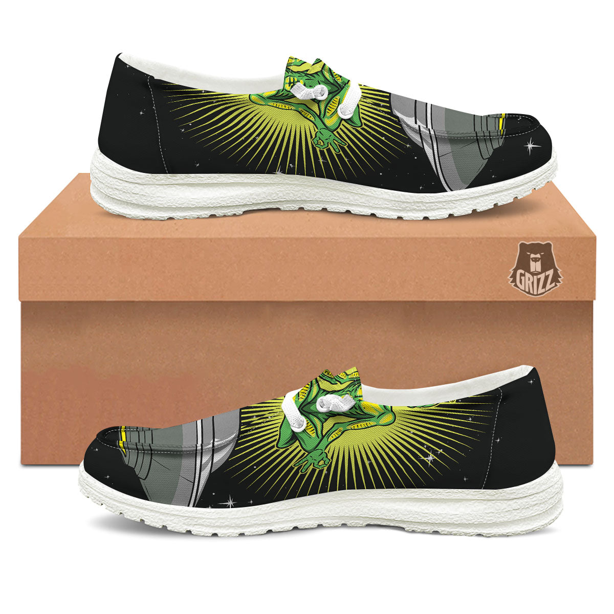 UFO Space Green Alien Print White Loafers-grizzshop