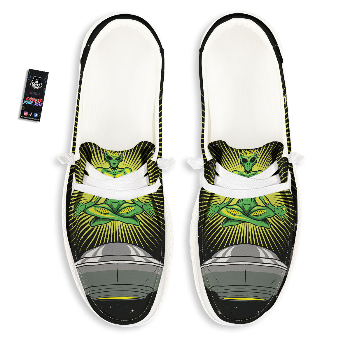 UFO Space Green Alien Print White Loafers-grizzshop
