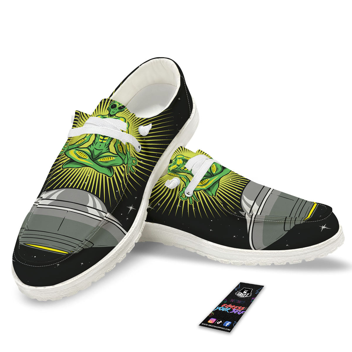 UFO Space Green Alien Print White Loafers-grizzshop