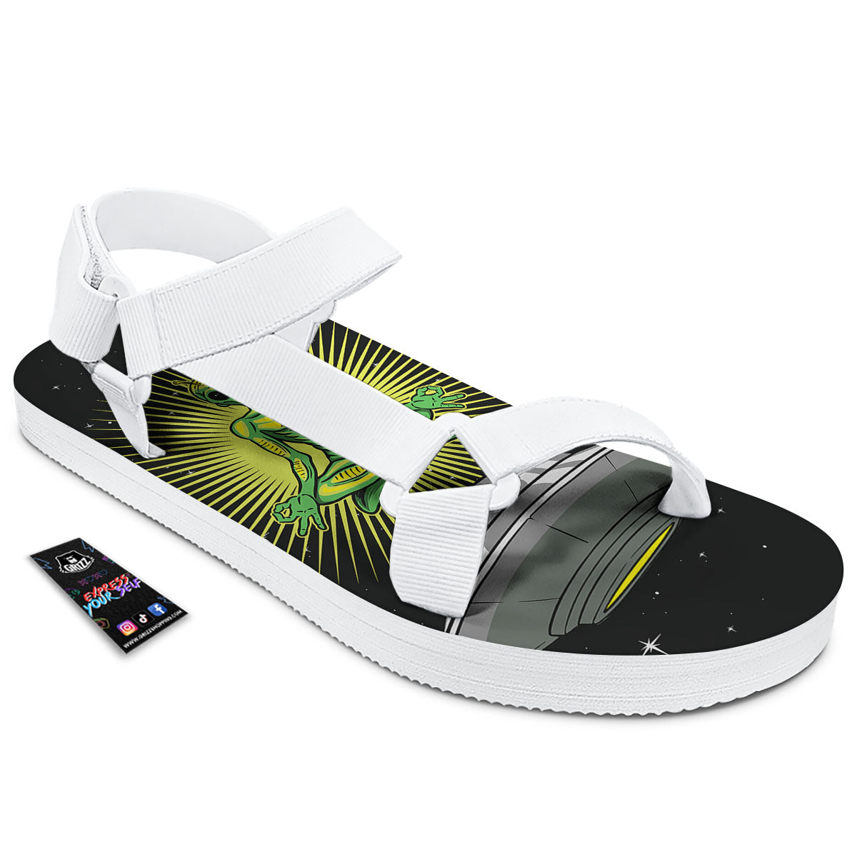 UFO Space Green Alien Print White Open Toe Sandals-grizzshop