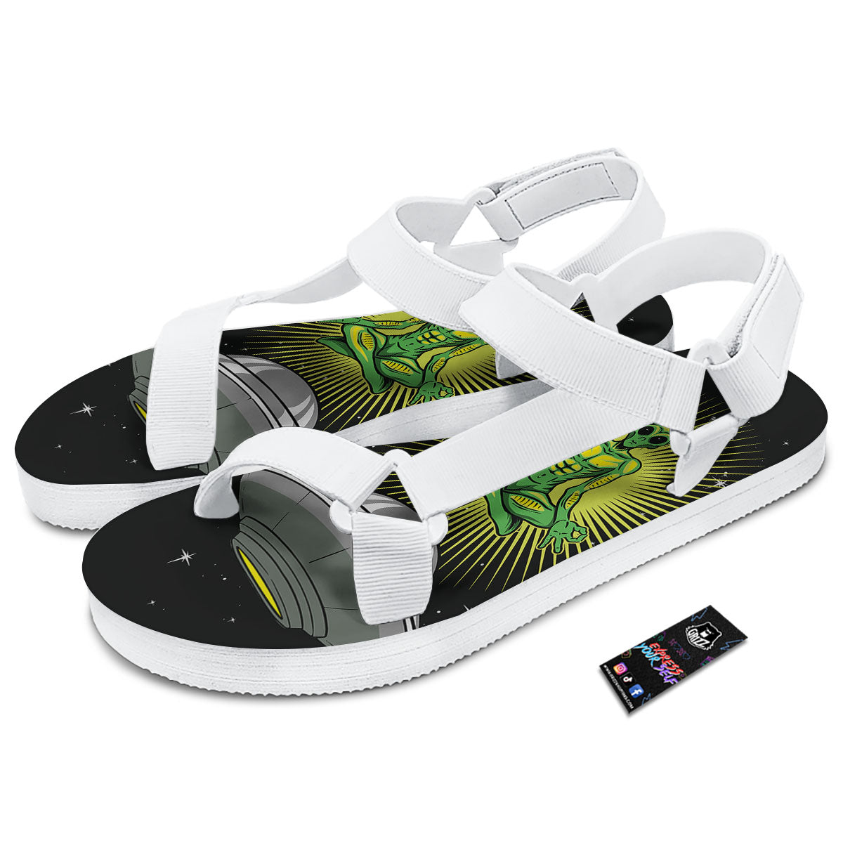UFO Space Green Alien Print White Open Toe Sandals-grizzshop