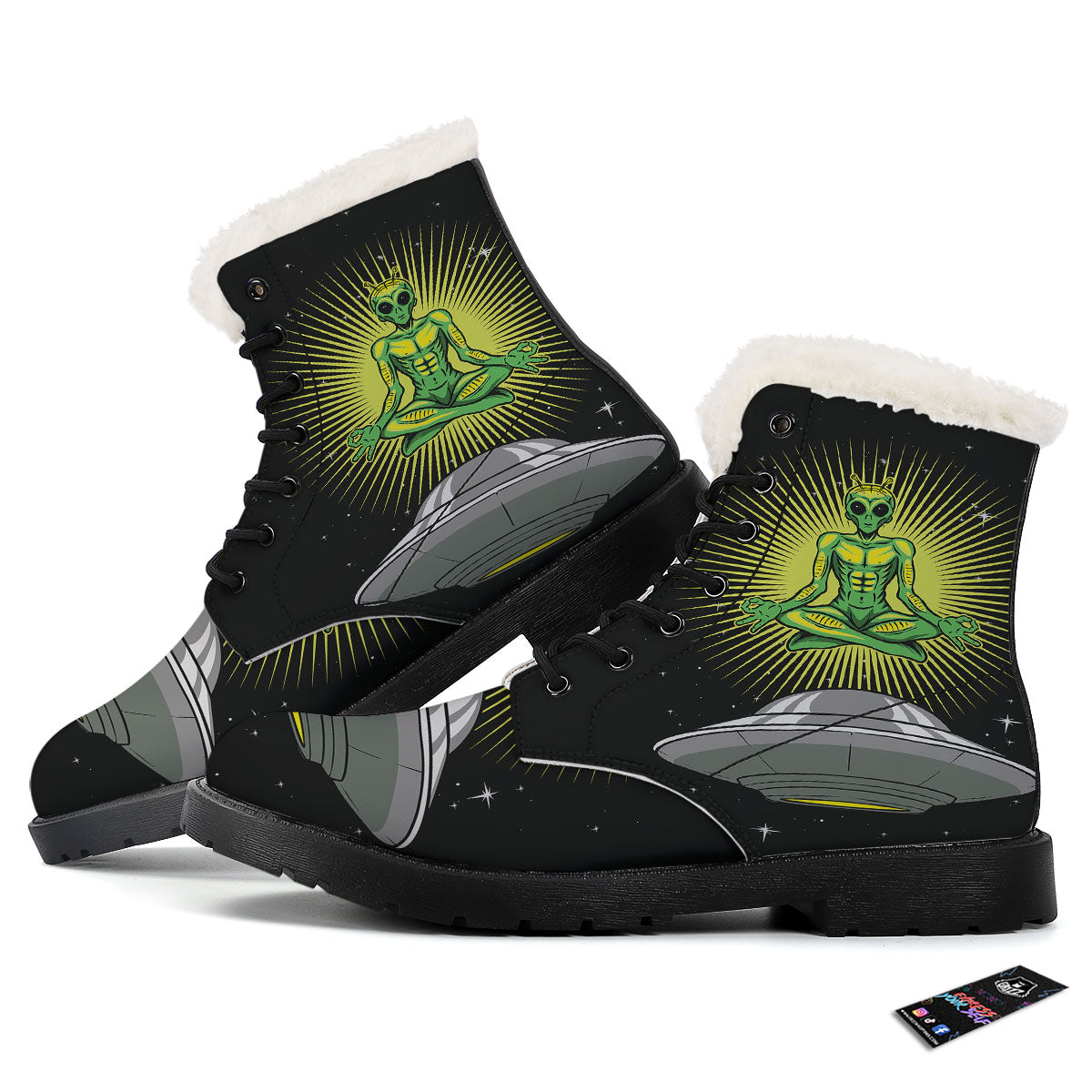 UFO Space Green Alien Print Winter Boots-grizzshop