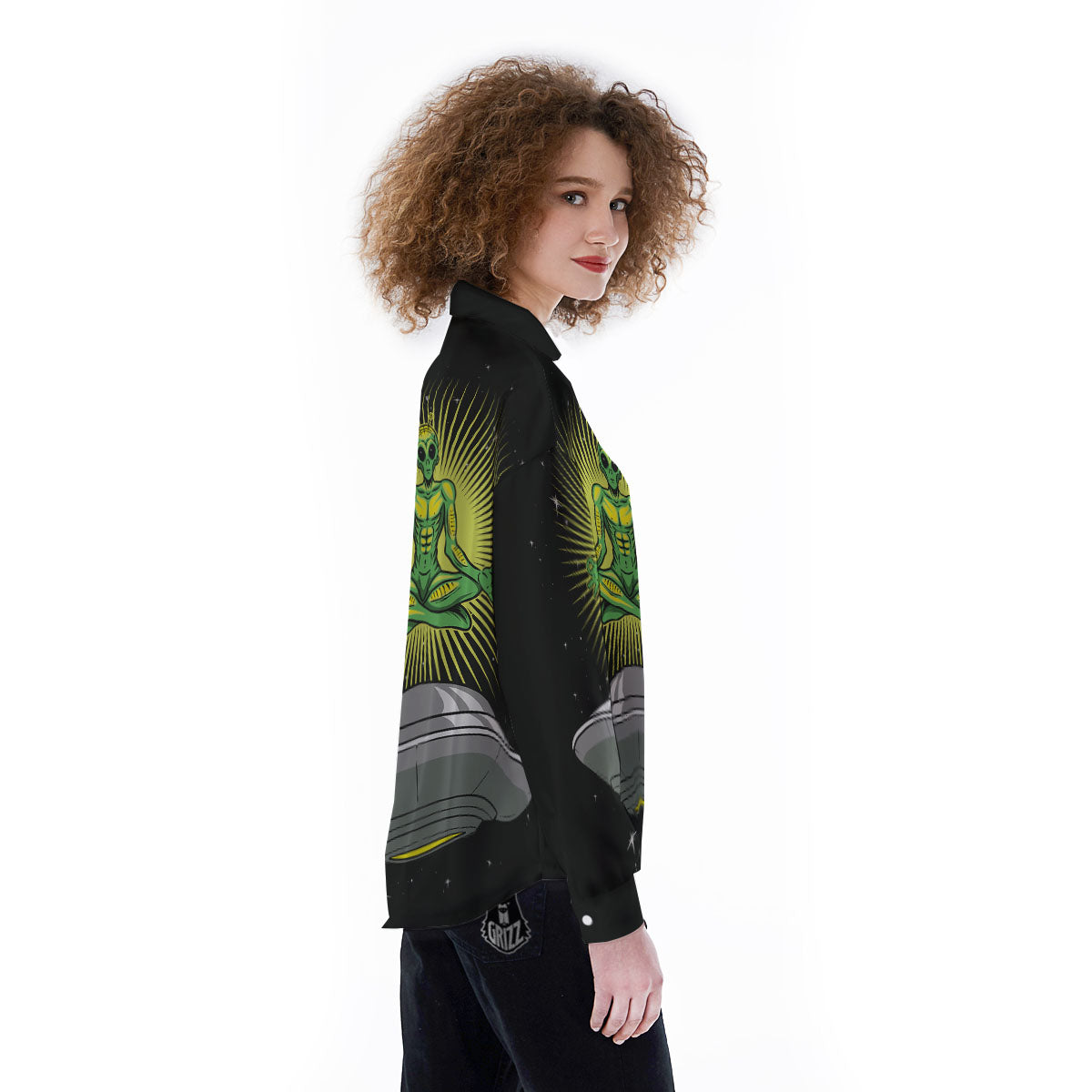 UFO Space Green Alien Print Women's Long Sleeve Shirts-grizzshop