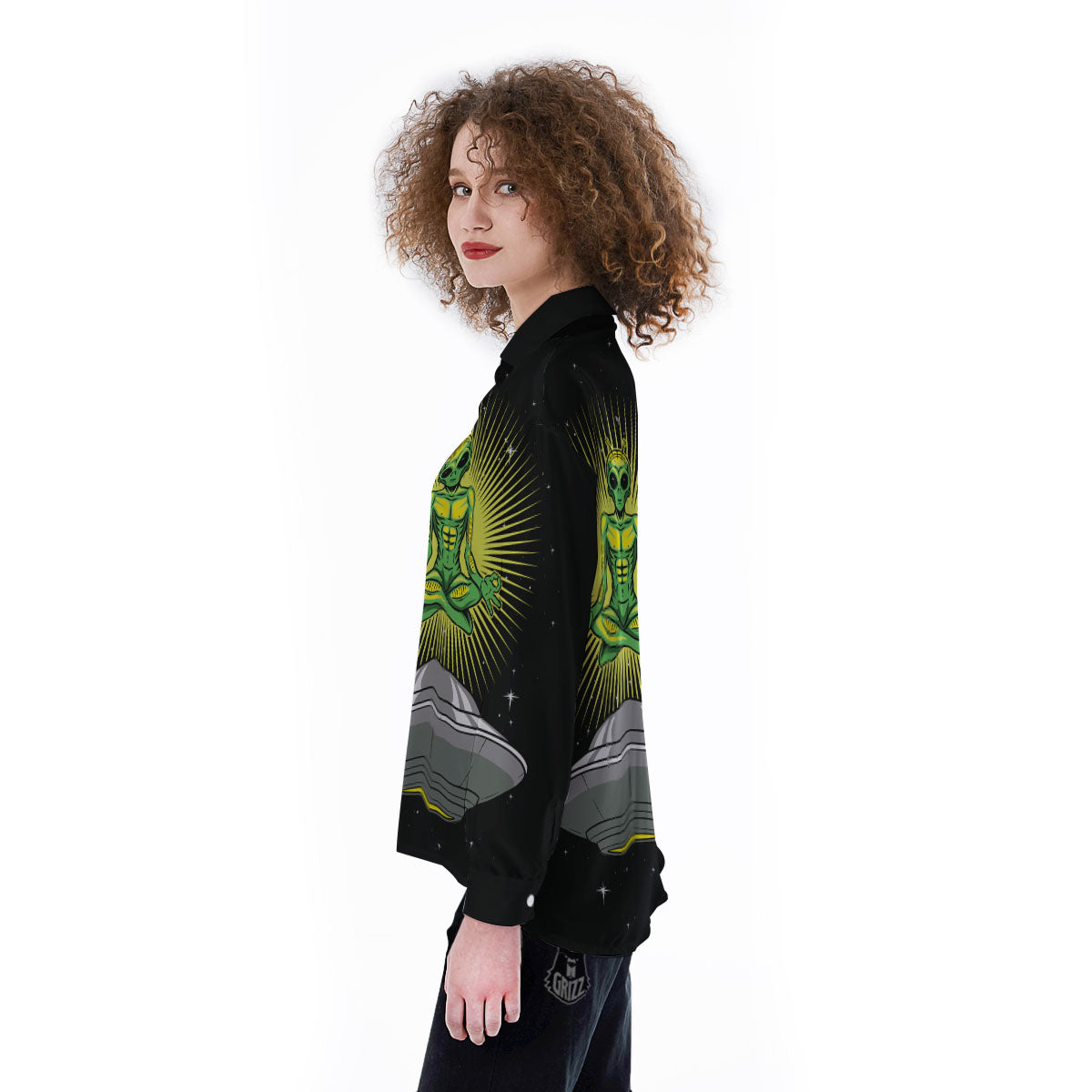 UFO Space Green Alien Print Women's Long Sleeve Shirts-grizzshop