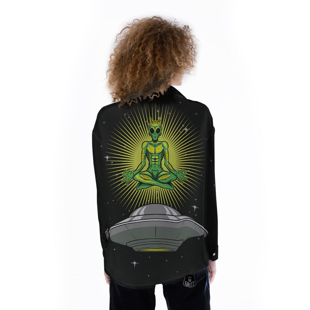 UFO Space Green Alien Print Women's Long Sleeve Shirts-grizzshop