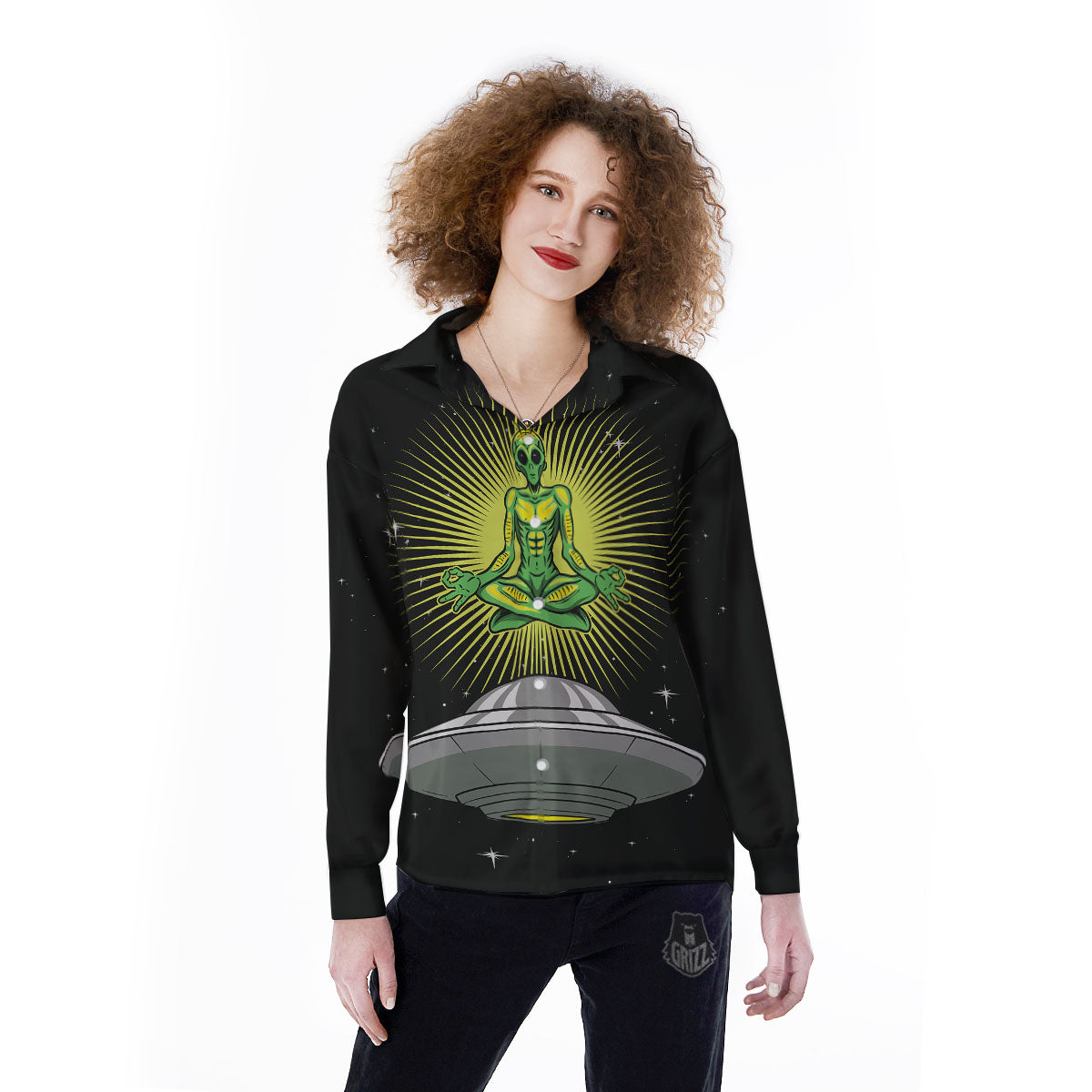 UFO Space Green Alien Print Women's Long Sleeve Shirts-grizzshop