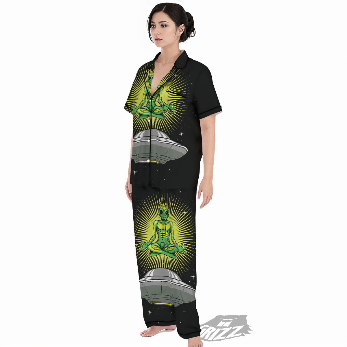 UFO Space Green Alien Print Women's Pajamas Set-grizzshop