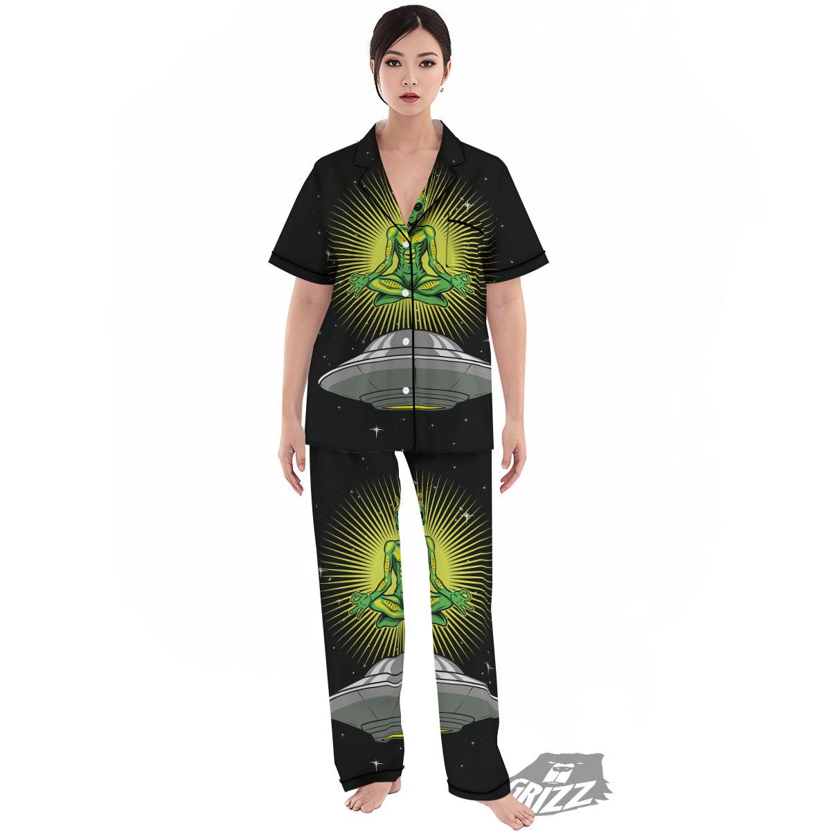 UFO Space Green Alien Print Women's Pajamas Set-grizzshop