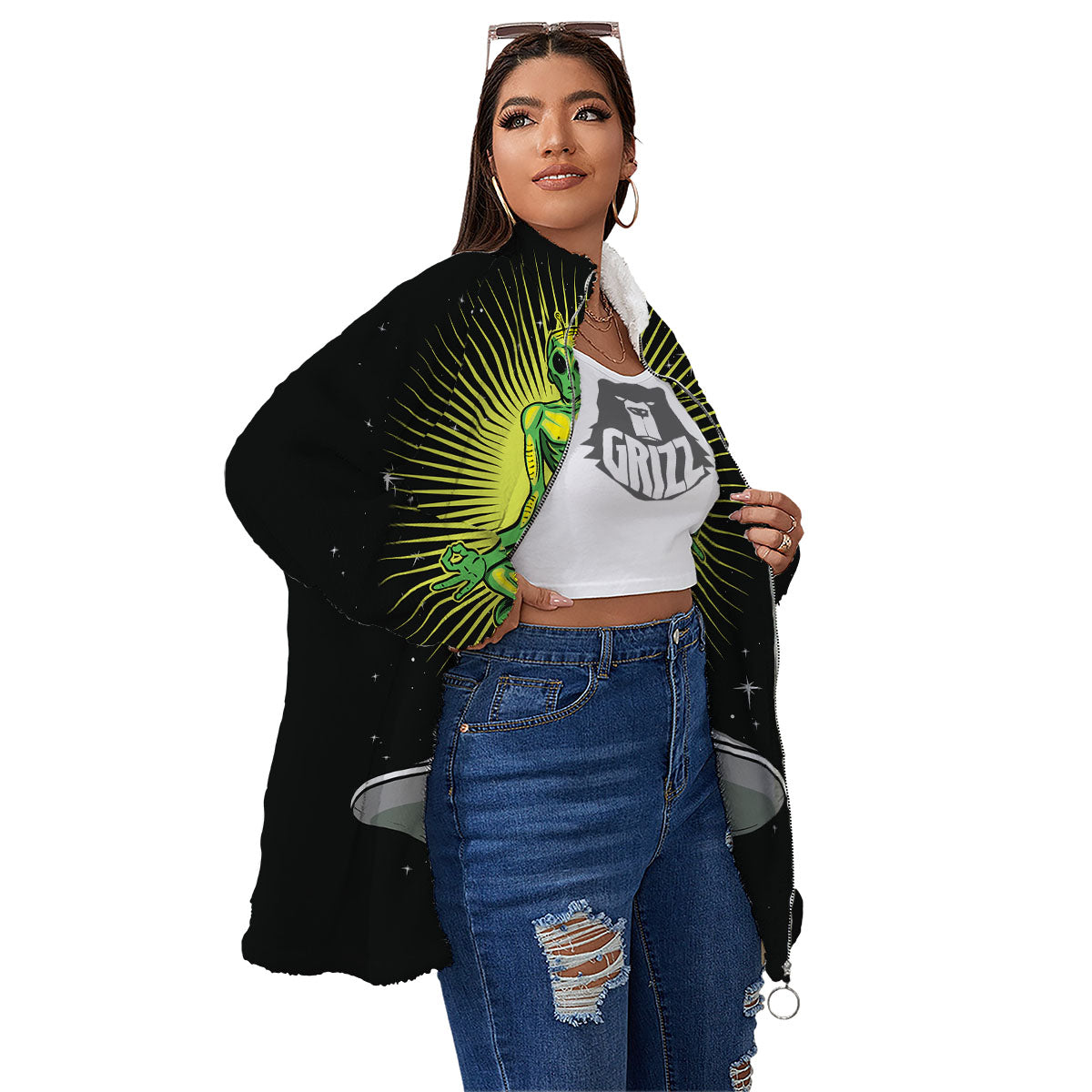 UFO Space Green Alien Print Women's Sherpa Jacket-grizzshop