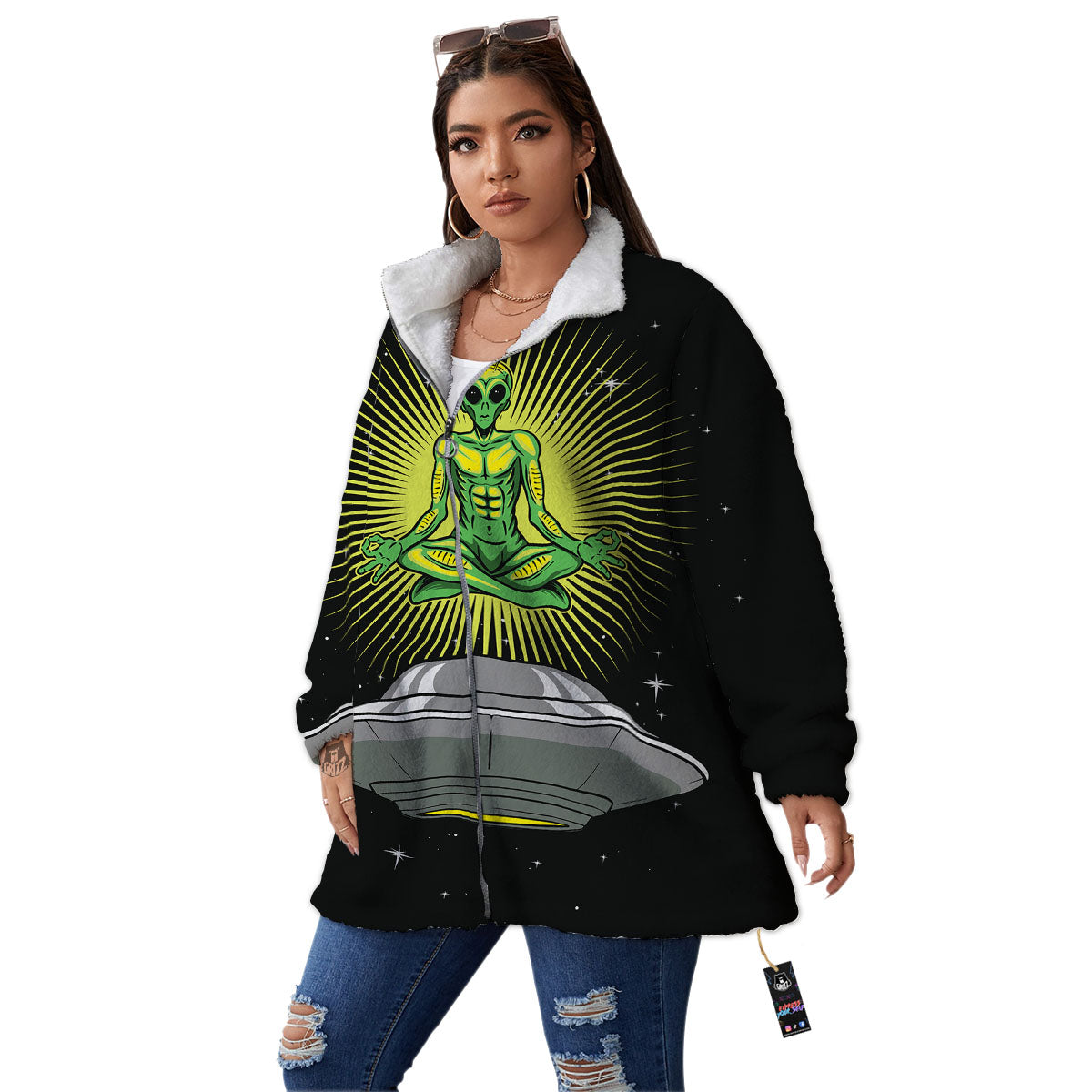 UFO Space Green Alien Print Women's Sherpa Jacket-grizzshop