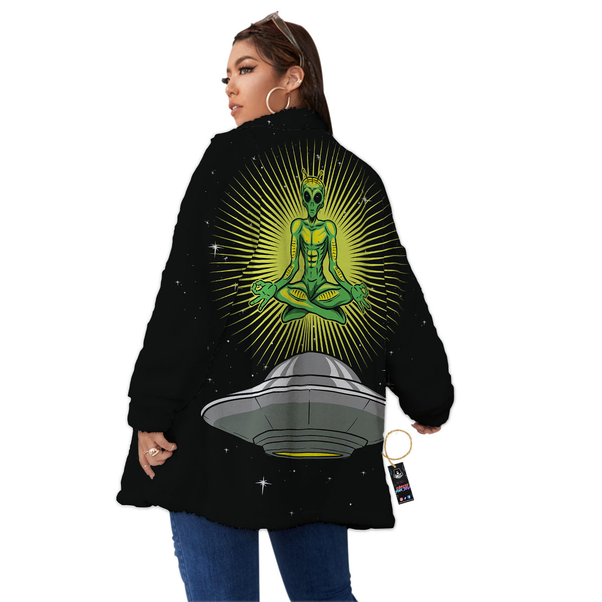 UFO Space Green Alien Print Women's Sherpa Jacket-grizzshop