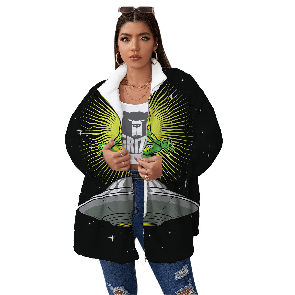 UFO Space Green Alien Print Women's Sherpa Jacket-grizzshop