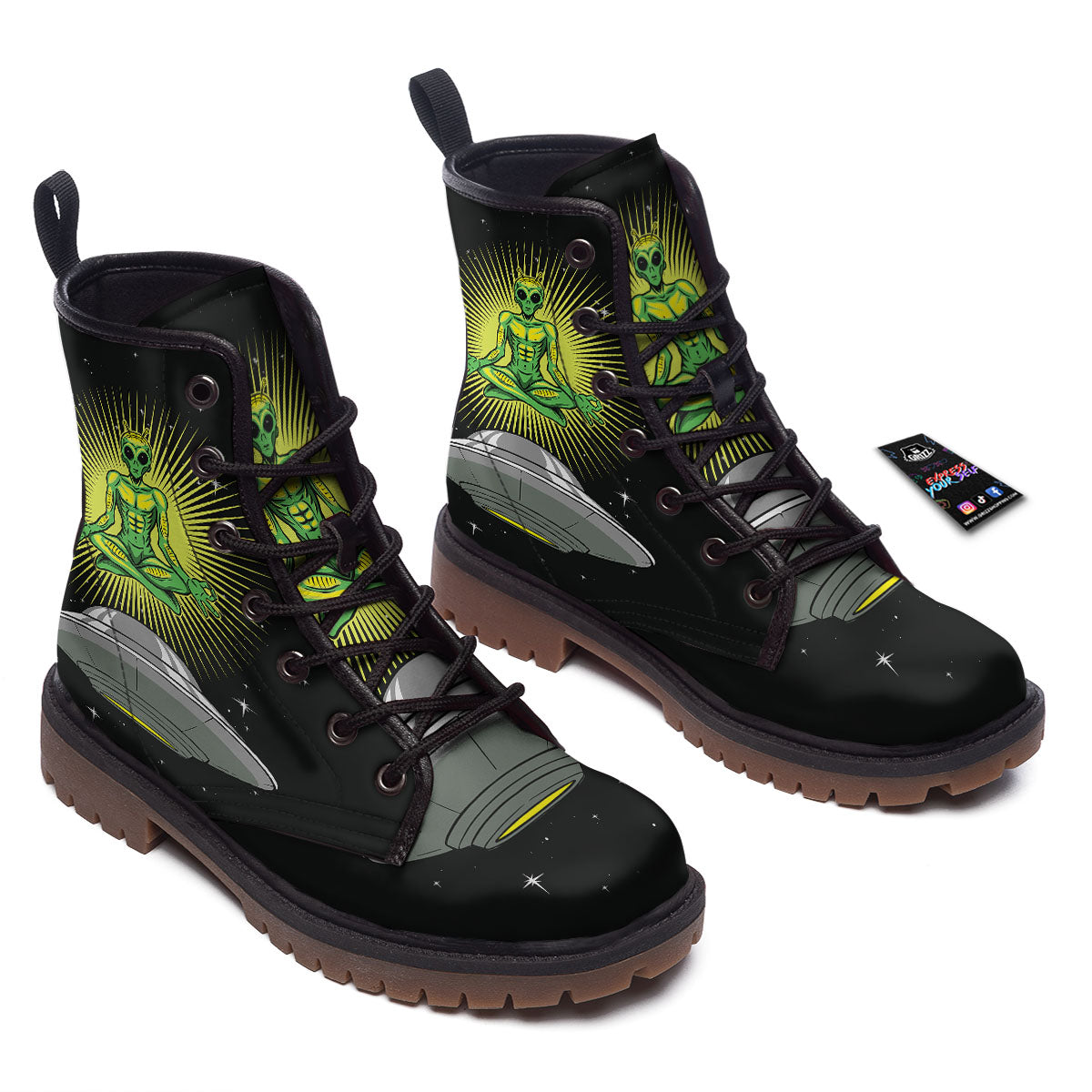 UFO Space Green Alien Print Work Boots-grizzshop