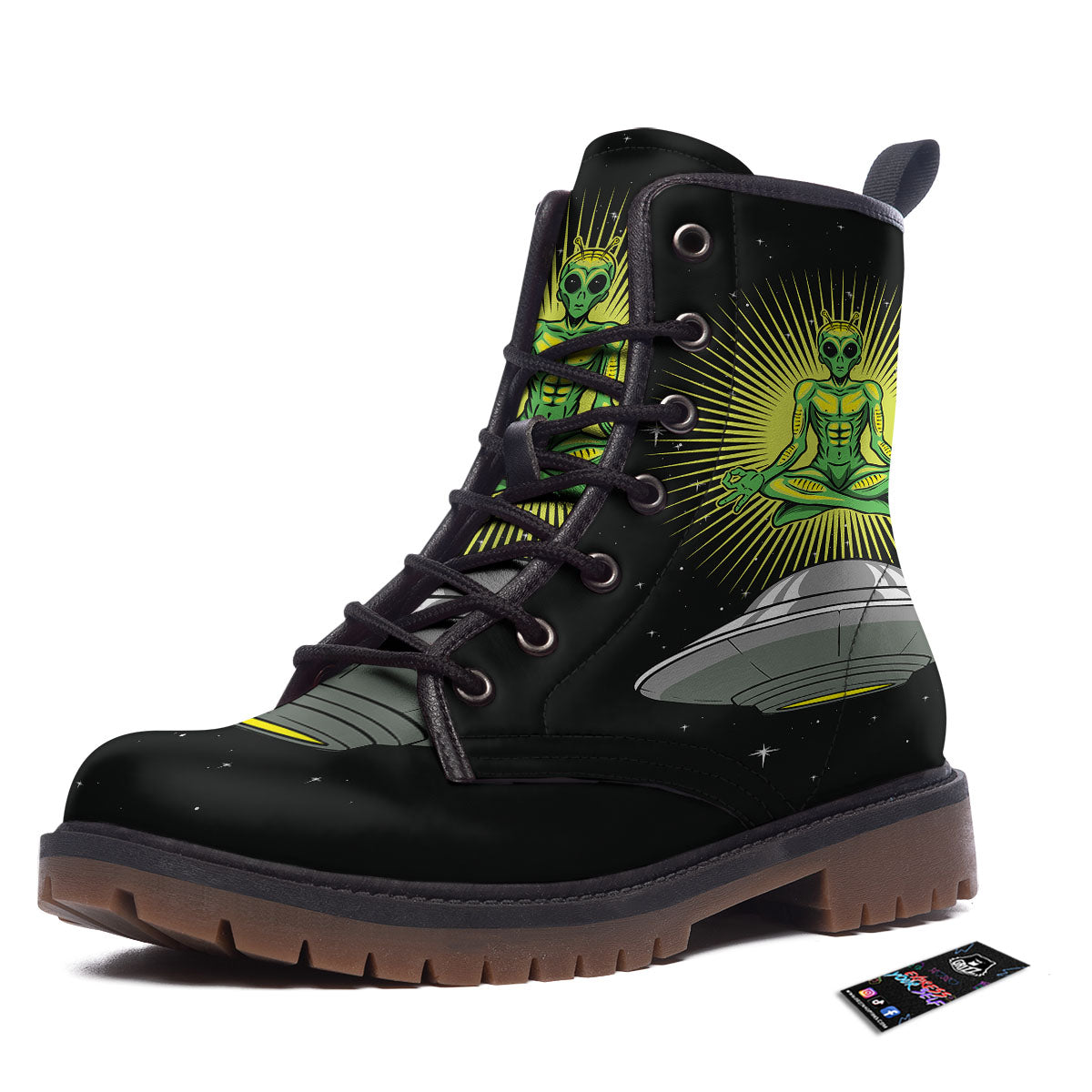 UFO Space Green Alien Print Work Boots-grizzshop