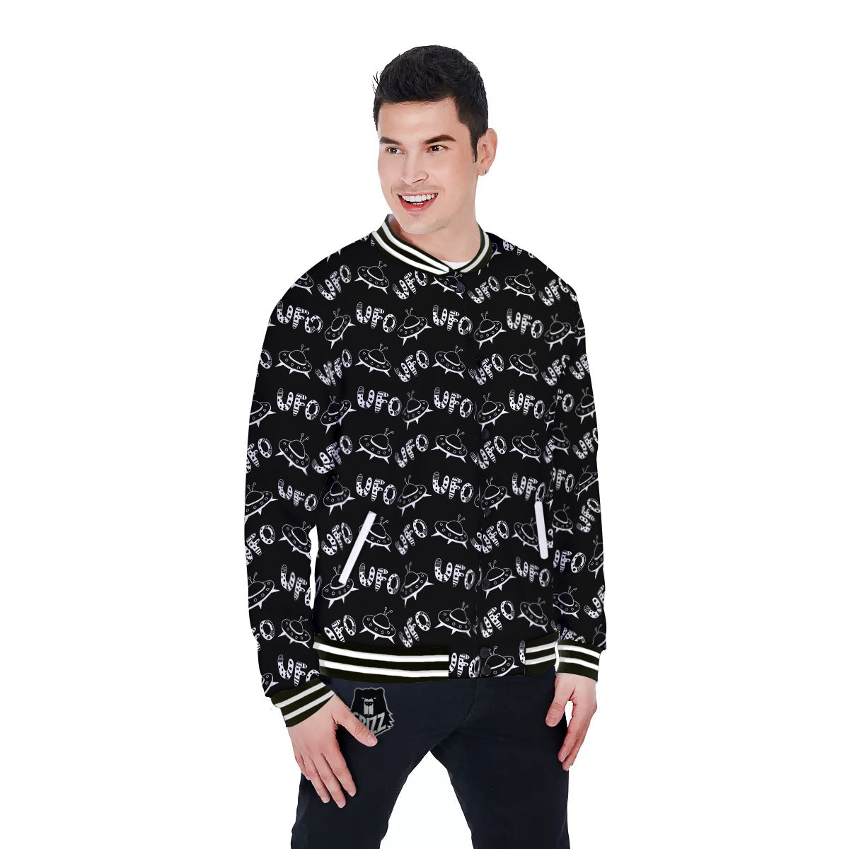 UFO White And Black Print Pattern Baseball Jacket-grizzshop